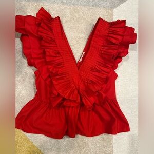 Entro Statement Sleeve Ruffle Blouse V-Neck V-Back red Medium shirt top short M
